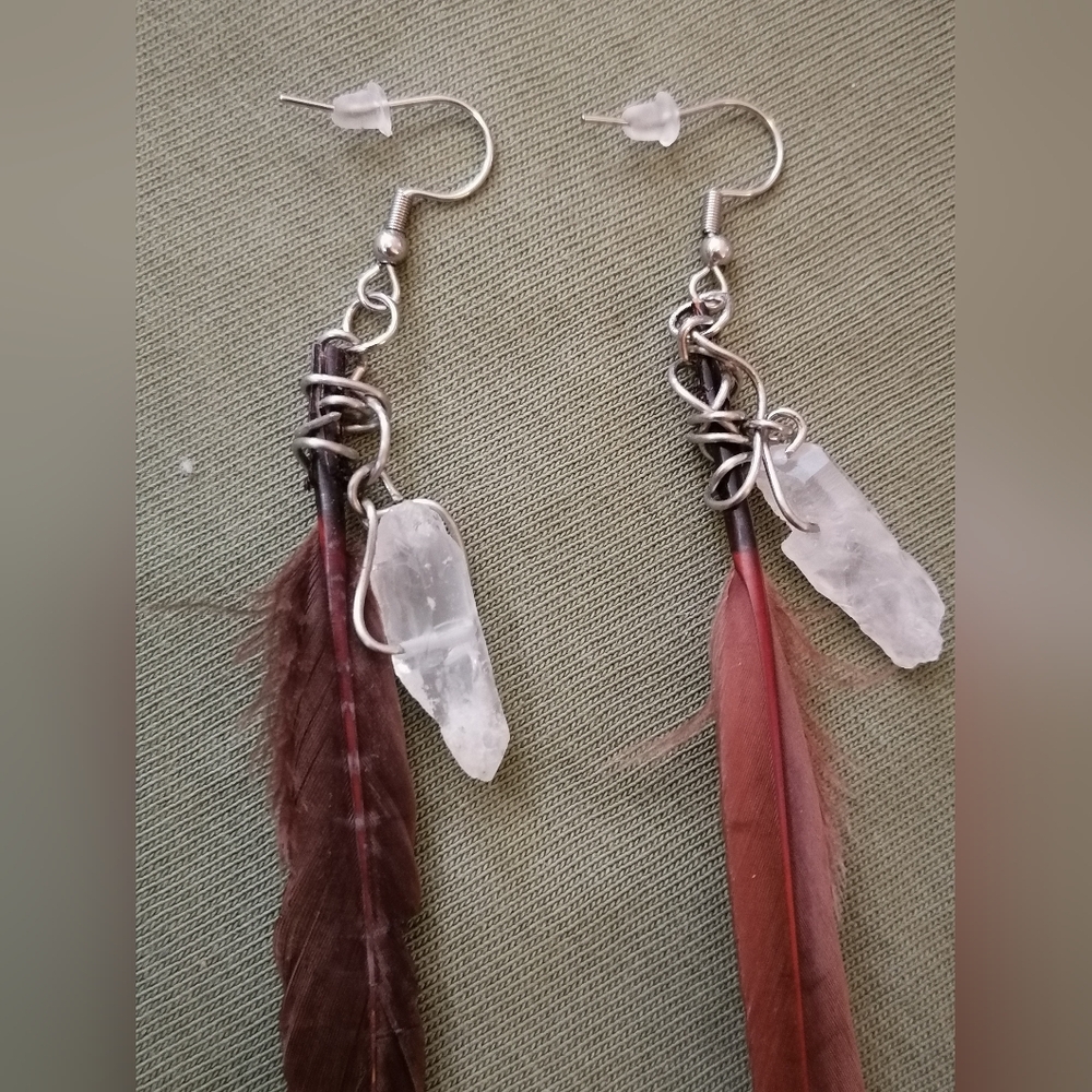 Handmade Feather & Quartz Earrings